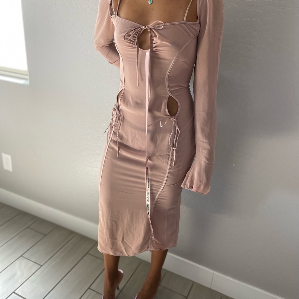 House of CB Tan Pink Bodycon Dress with Bishop Sleeves
